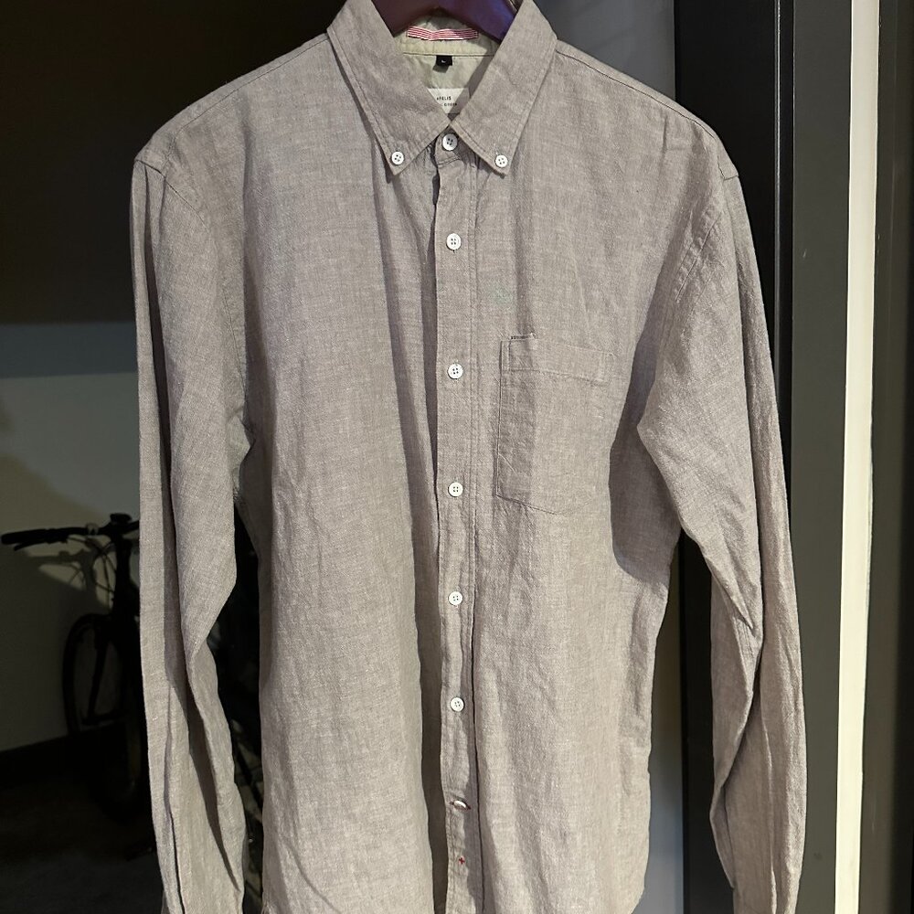 Apolis Global Citizen Shirt Mens large Beige Tan Button Down Long Sleeve Cotton